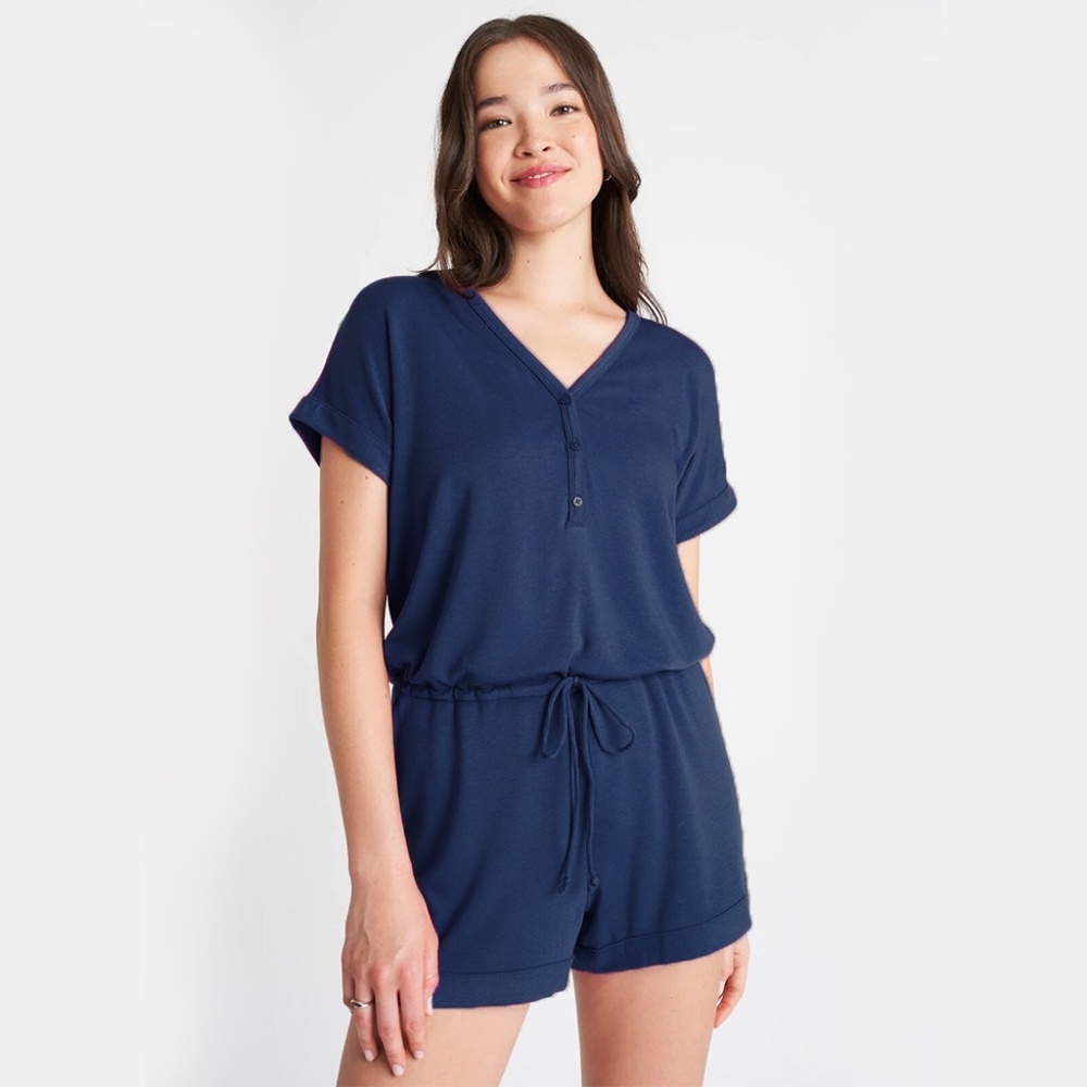 Kit and Ace Navy Short-Sleeve V-Neck Drawstring Romper